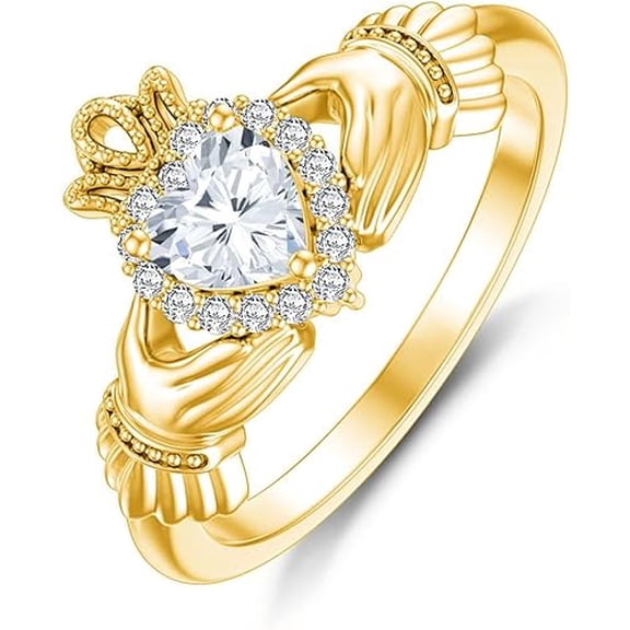 Dazzlingdaimonds Jewels 2.00 Ct Heart Cut White Diamond Engagement Wedding Irish Claddagh Promise Band Ring 14K Yellow Gold Plated 925 Sterling Silver For Women's -5.5