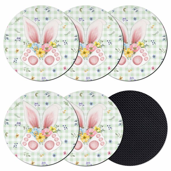 Easter Coasters Set of 6, Absorbent Coasters for Drinks, Spring Bunny Ears Feet Flowers Green Plaid Coaster for Desk Coffee Table Protection, Home Decor House Warming Gifts 4"