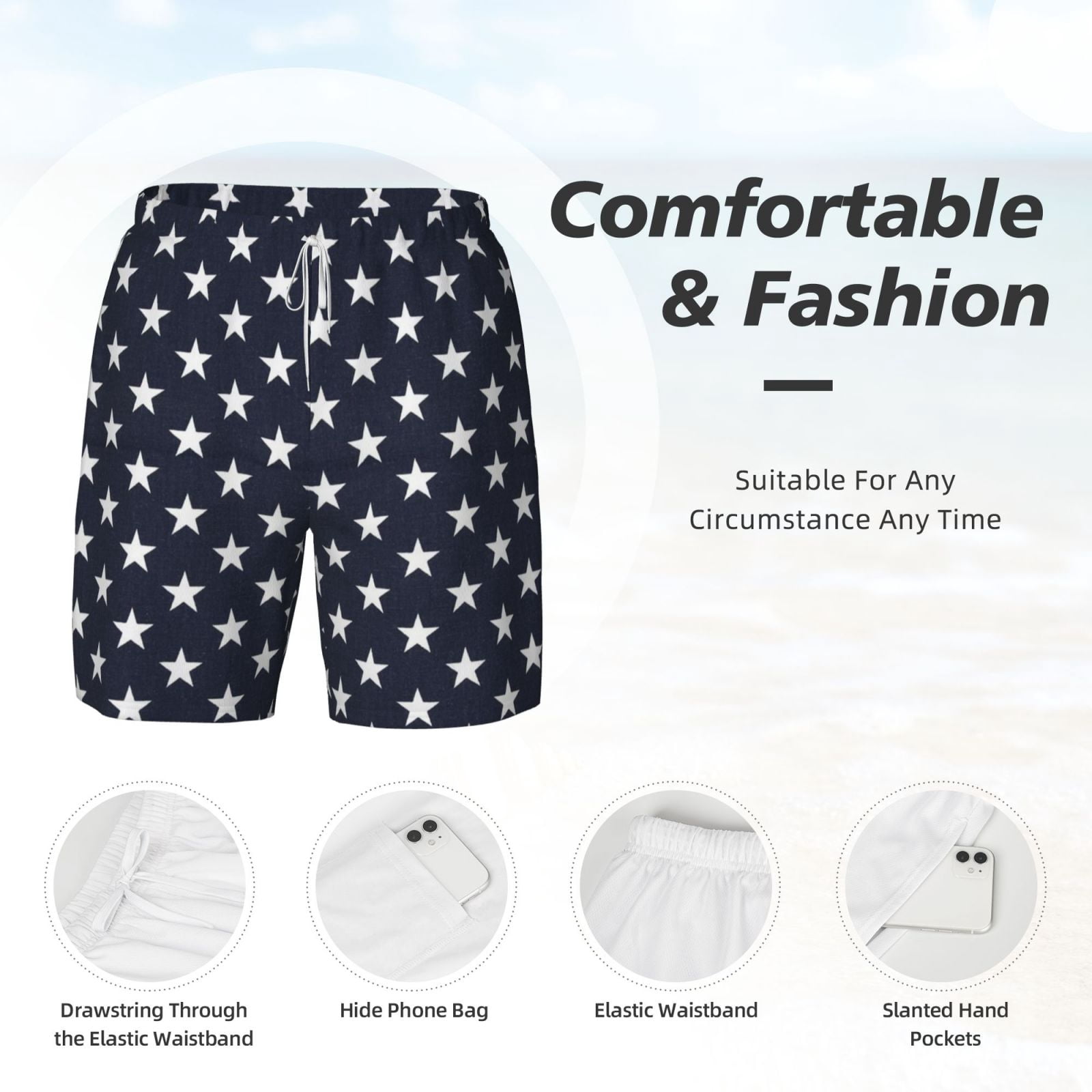 Men's Stars Navy Blue White Swim Trunks with Compression Liner Bathing Suit Swimwear
