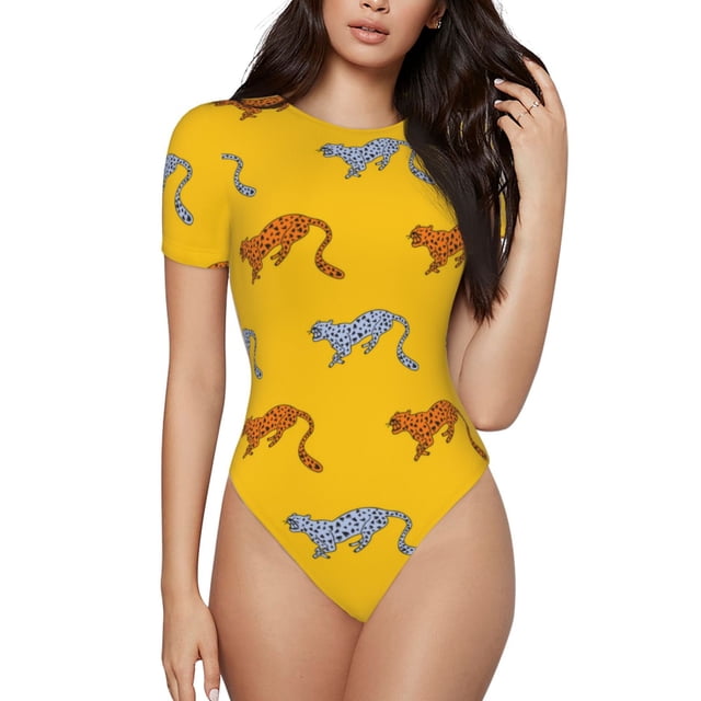 Fotbe Leopard Print Body de Mujer con Cuello Redondo y Mangas Cortas, Sin Mangas Ajustado, Suave, Cómodo y Básico-Medium