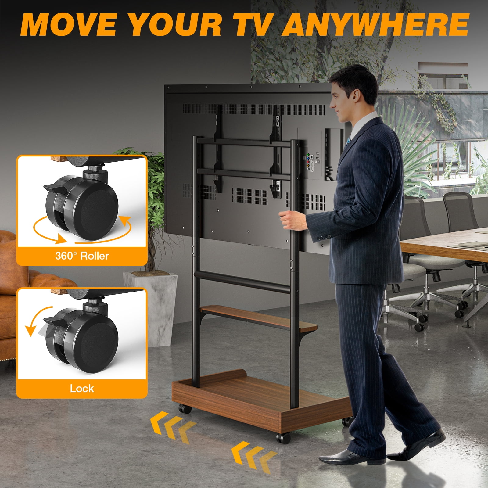 RTVR Rolling TV Stand with Wheels for 40-86 inch Screens, Height Adjustable Mobile TV Stand with Wooden Storage Shelf, Holds up to 150 lbs, Brown