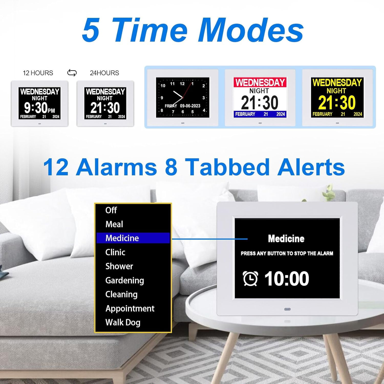 Large Digital Calendar Clock for Seniors with 12 Custom Alarms and Auto-Dimming Display