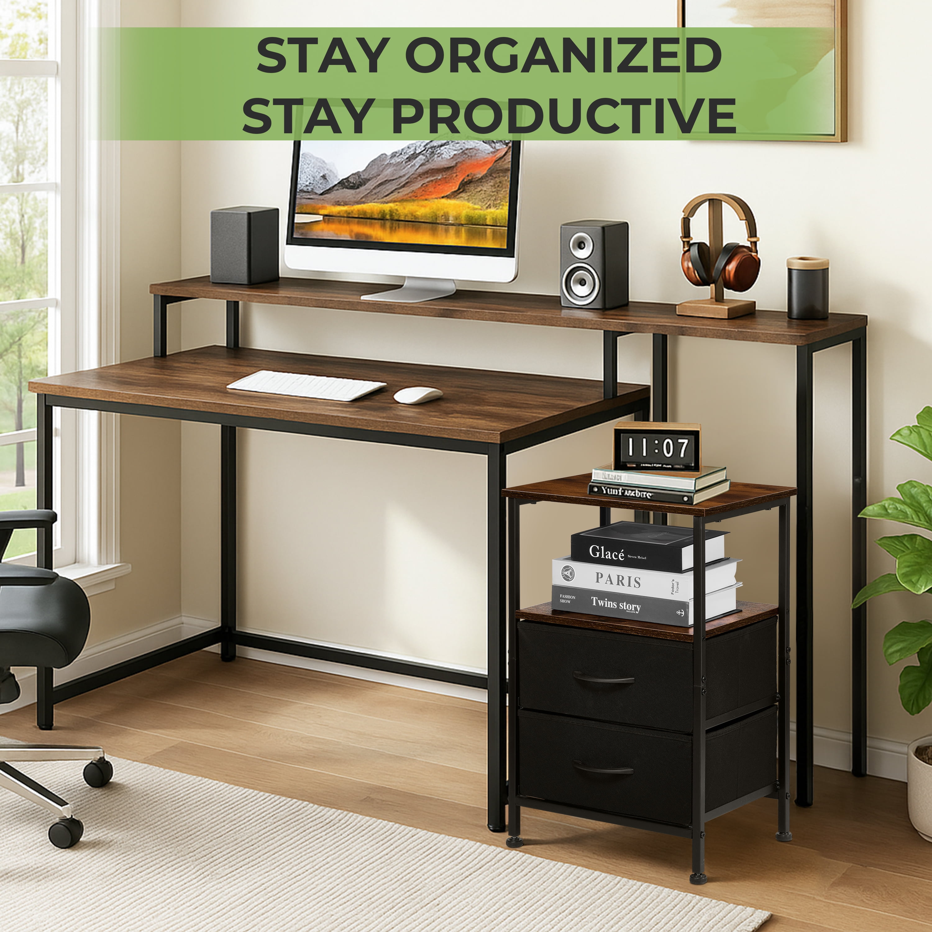 Coliware File Cabinet, Modern Wood Filing Organizer Table with Drawer, Desk Cabinet Fits A4 Letter Size, Home Office Furniture for Under Desk Storage, Rustic Brown Printer Stand Table