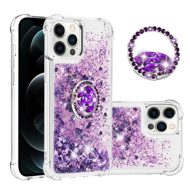 Funda para iPhone 12 PRO MAX con Brillo Líquido Flotante, Purpurina, Parachoques y Anillo Giratorio Soporte