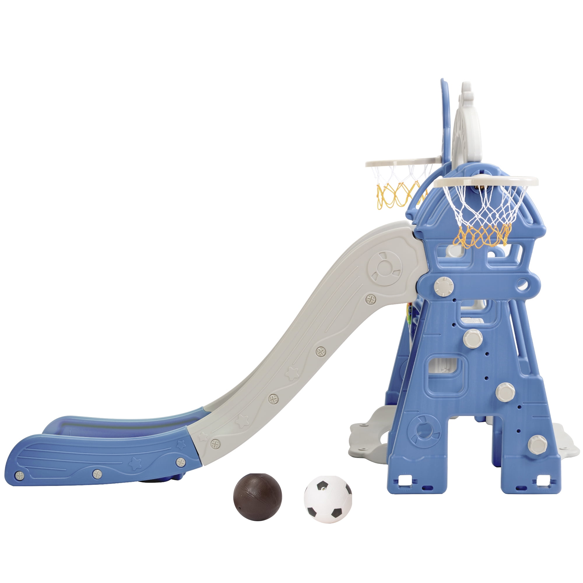 EUROCO 6 in 1 Toddle and Swing Set with Adjustable Swing and Slide Height, Rocket Swing Set with Basketball Stand