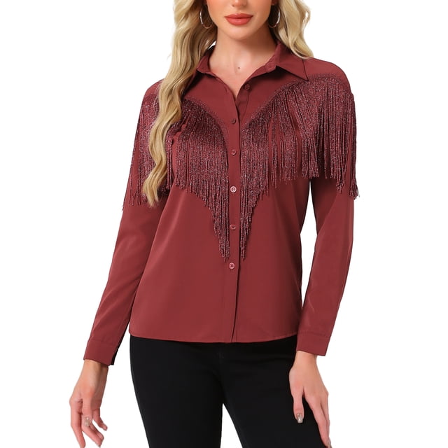 CAMISAS DE FRINGE PARA MUJER CHIC DE MANGA LARGA, CON BOTONES, ESTILO COWGIRL, ROJO OSCURO, TALLA L