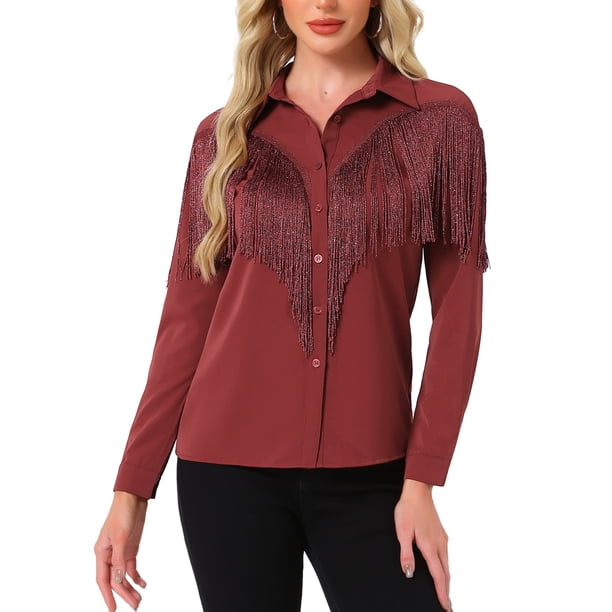 CAMISAS DE FRINGE PARA MUJER CHIC DE MANGA LARGA CON BOTONES, TOPS DE COWGIRL OCCIDENTAL EN ROJO OSCURO XL