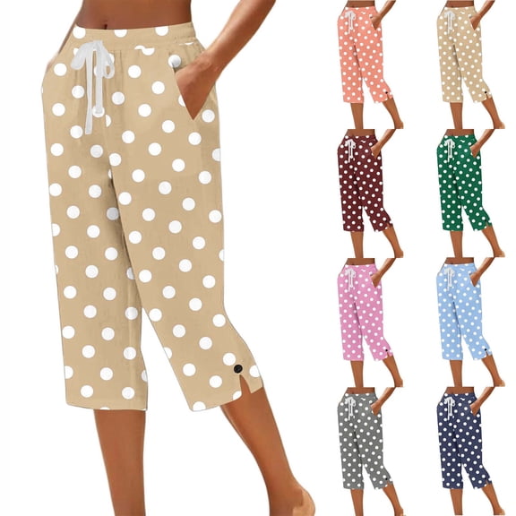 Hilenly Cotton Capri Pants for Women Loose Fit Casual Straight Leg Drawstring Elastic Waist Cropped Pant Summer Polka Dot Pants