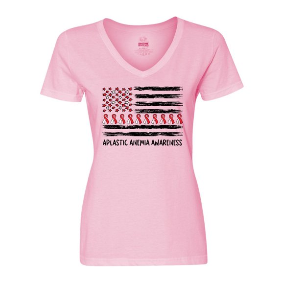 Inktastic Aplastic Anemia Awareness Red and White Ribbons and Flag Women's V-Neck T-Shirt
