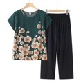 thumbnail image 2 of Mikilon Ensemble Élégant pour Femmes 2 Pcs Coton Lin Costume Deux Pièces Manches Courtes Col Rond Haut Imprimé Pantalon Vert-C 3TG, 2 of 9