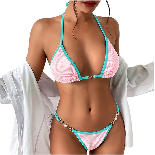 Birdeem Ensemble de Bikini Uni à Contraste, Aguichant, pour Femmes, à Poitrine Haute, Ensembles de Maillots de Bain Unis