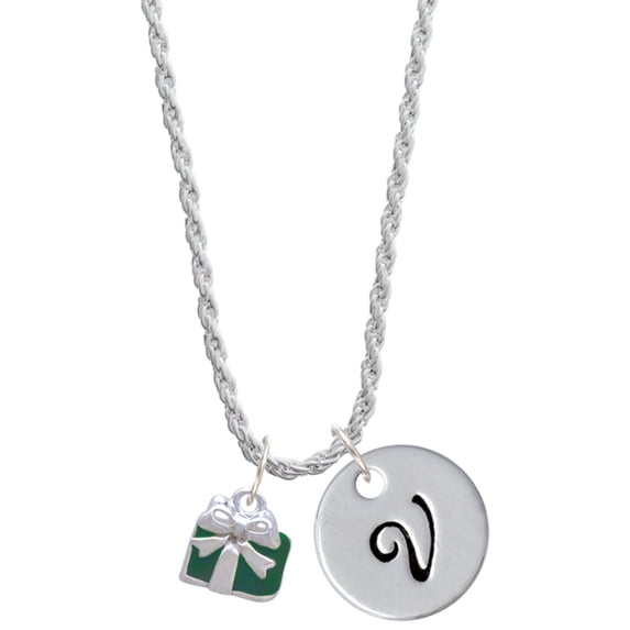 Delight Jewelry Silvertone Small Green Enamel Present Silvertone Script Initial Disc - V - Charm Necklace, 20"+3"