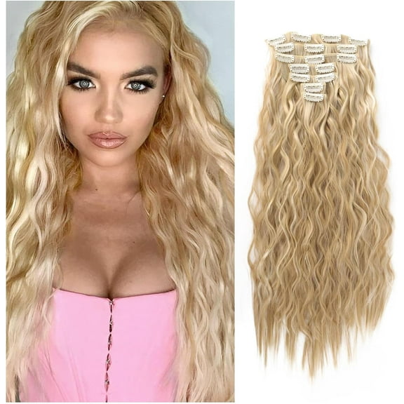 Clip In Hair Extensions 20 Inch 7 Pcs Soft Thick Hairpieces Long Wavy Clip In Hair Piece Synthetic Natural Looking Blonde Hair Extension For Women