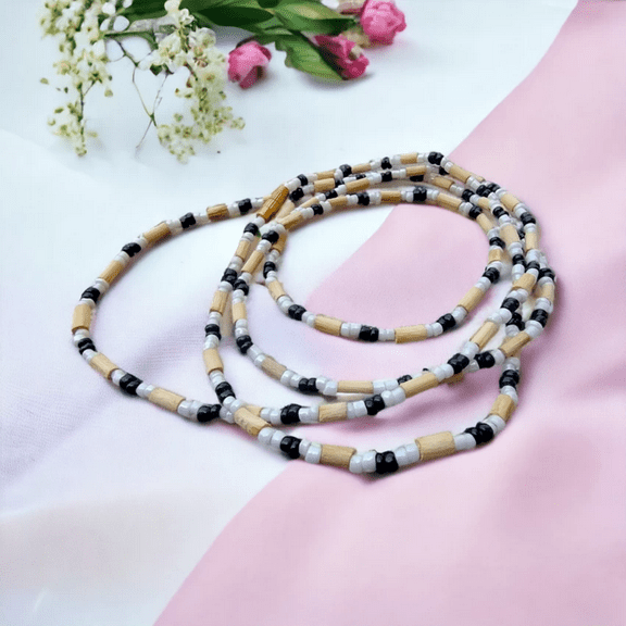 3 Round Tulasi Kanti Mala Tulsi Wood Necklace With Combination Of Black Crystal Beads