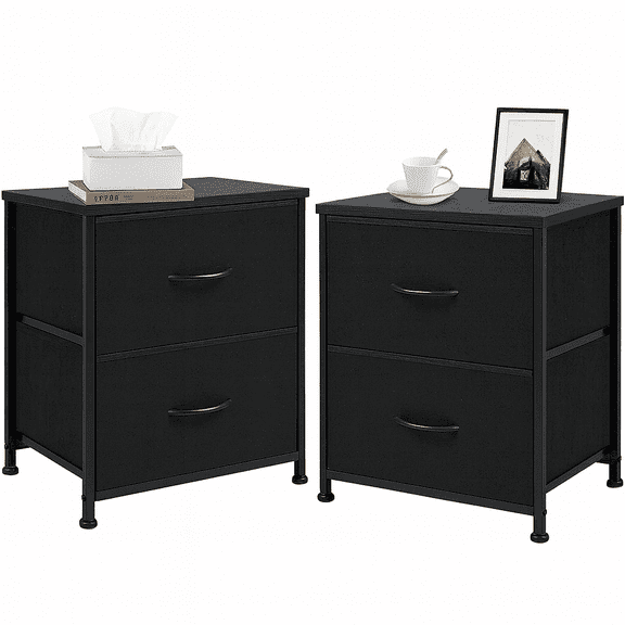 LIFERECORD Set of 2 Nightstands with Storage Drawers | 20" Tall Bedside Table with Wood Top & Fabric Cabinet for Bedroom, Dorm, Living Room, Black