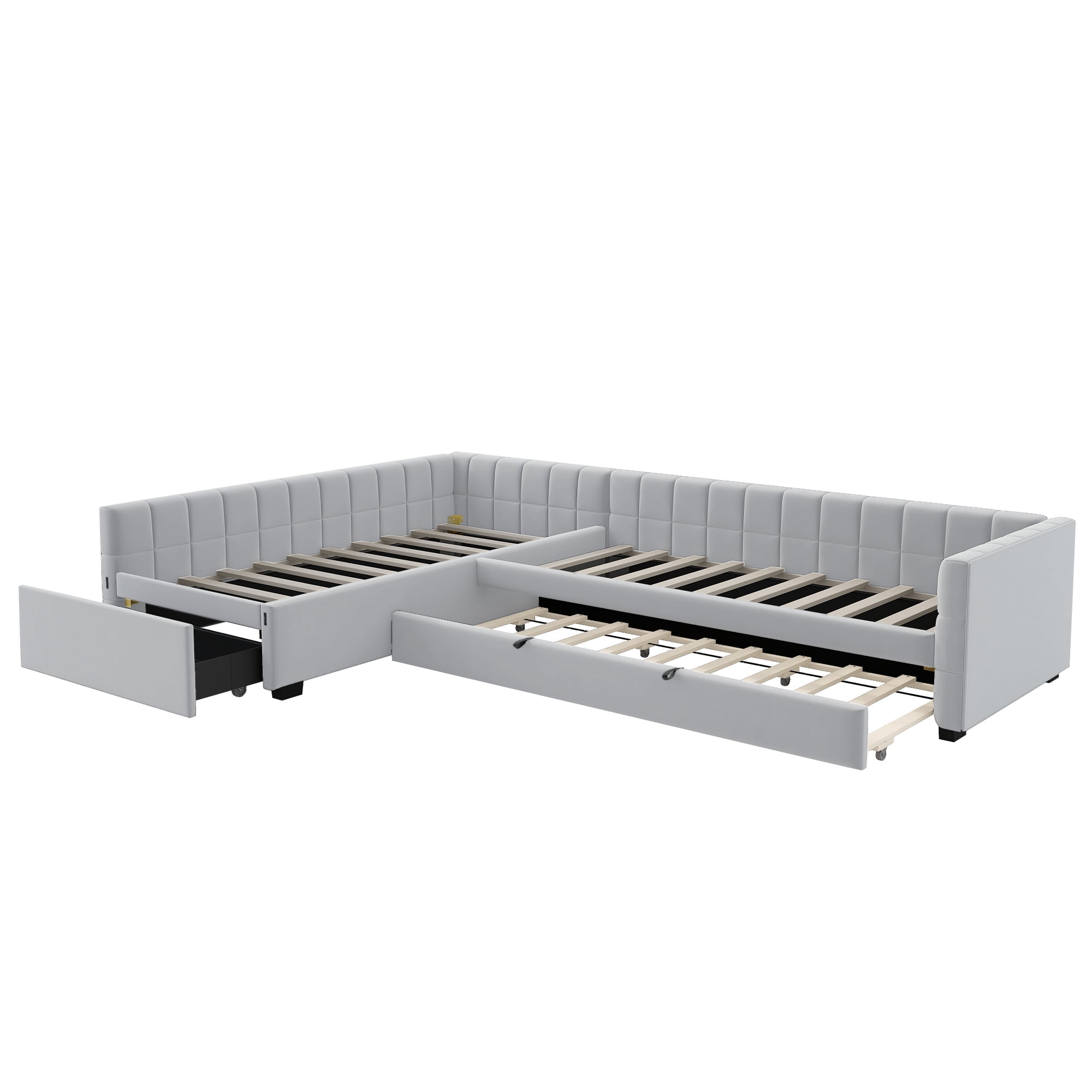 Euroco Upholstery L-Shaped Twin Platform Bed with Trundle and Drawer, 3 Beds in 1, No Spring Box Needed, Gray