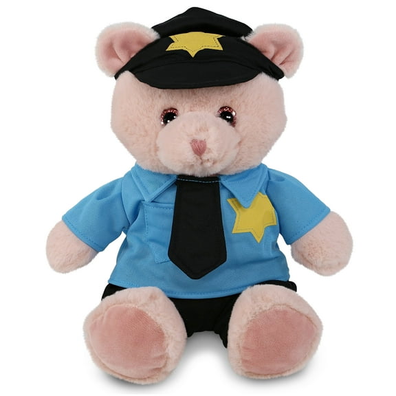 DolliBu Baby Pink Bear Police Officer Plush Toy – Super Soft Pink Bear Cop Stuffed Animal Dress Up Cop Uniform and Cap Outfit, Fluffy Pink Bear Policeman Toy Plush Gift for Kids – 8 Inches