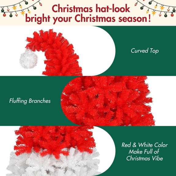 Historyli 6FT Artificial Christmas Tree with LED Lights,Curved Xmax Tree,Santa Hat Shaped Artificial Fancy Christmas Tree,Red,White