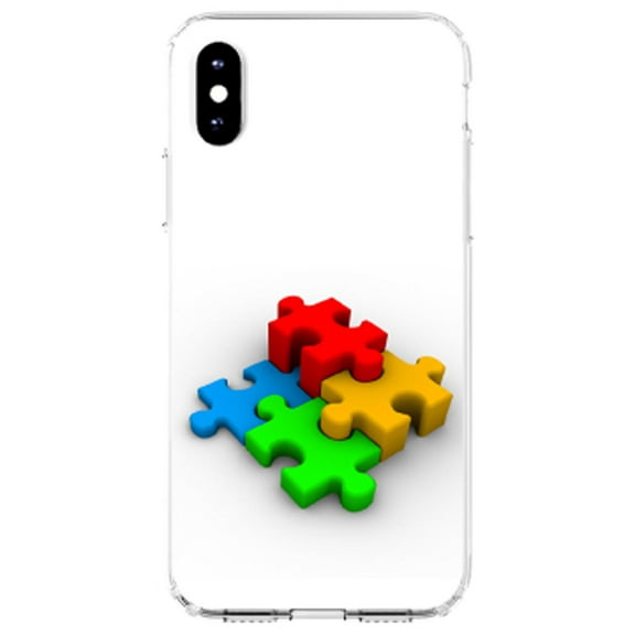 DistinctInk Clear Shockproof Hybrid Case for iPhone XR (6.1" Screen) - TPU Bumper, Acrylic Back, Tempered Glass Screen Protector - Red Blue Yellow 3D Puzzle Pieces - Austism Awareness