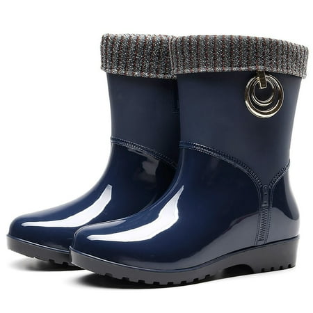 

Foraging dimple Punk Style Mid Warm Snow Boots Women s Non-Slip Rain Boots Outdoor Water Shoes Blue