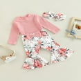 thumbnail image 3 of Combinaisons Bébé Filles Ensemble Côtelé Demi Col Roulé Manches Longues Romper et Pantalon Évasé Imprimé Floral Décontracté Bandeau, 3 of 9