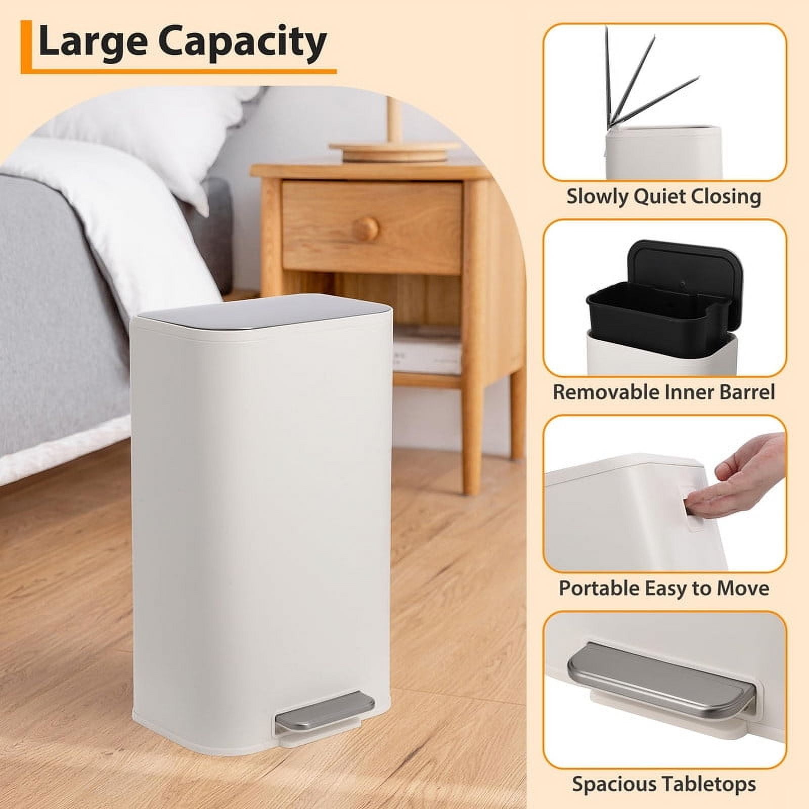 TROPOW Kitchen Trash Can,Stainless Steel Garbage Can with Lid, Step-On Pedal and Inner Bucket, Rectangular Trash Can for Home Kitchen Office Living Room