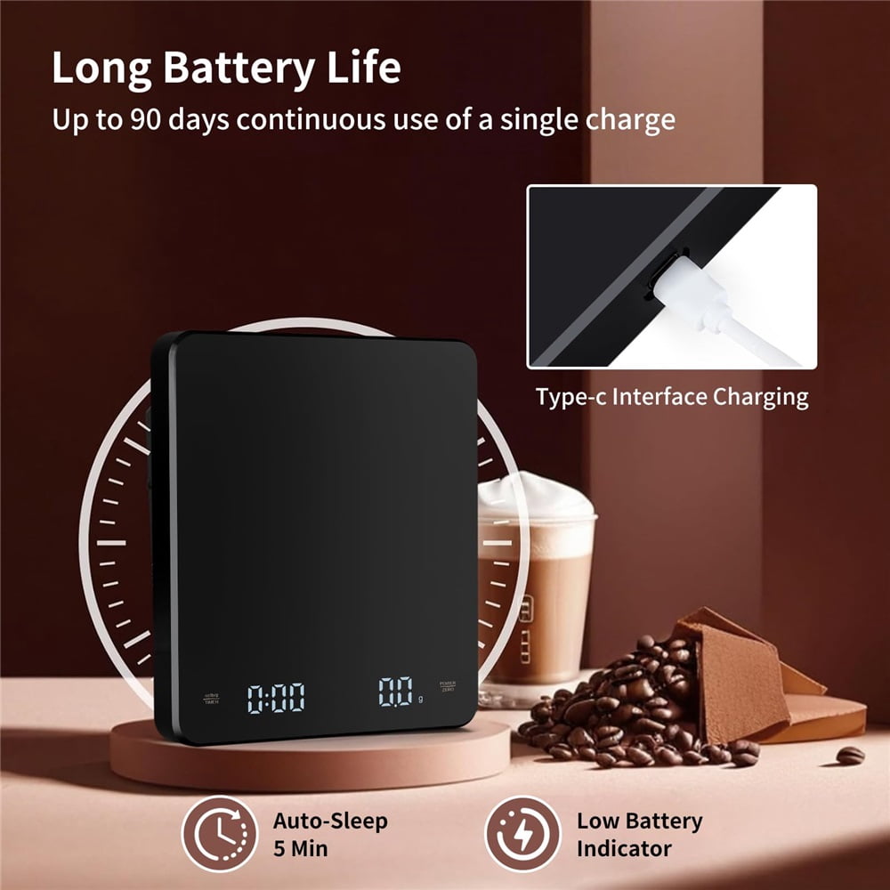 Coffee Scale with Auto Timing, Mini Rechargeable Espresso Scale with Timer, 2kg/0.1g High Precision Scale for Espresso and Pour-Over Coffee with Brewing Assist Modes