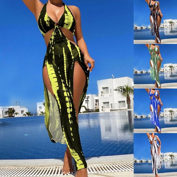 QLEICOM Womens Bathing Suits,Swimsuit for Women,3 Piece Beach Set High Waist Bikini with Long Cover Up Dress Swimsuit Outfit