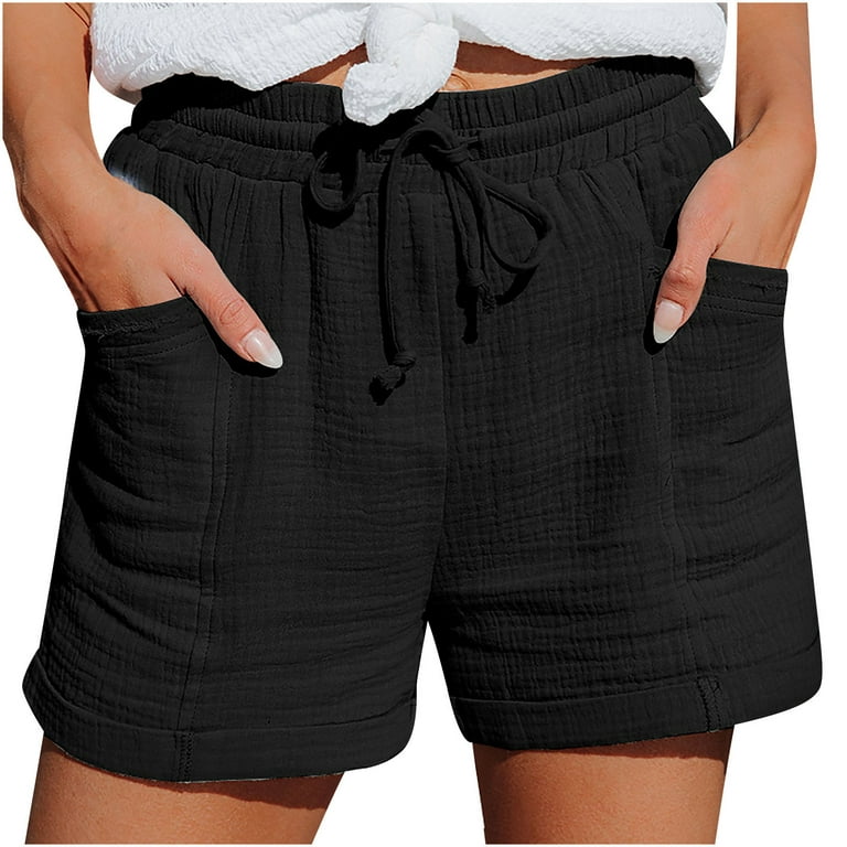 XFLWAM Womens Summer High Waisted Shorts with Pockets Drawstring Elastic  Waist Beach Shorts Casual Cotton Linen Shorts Black L 