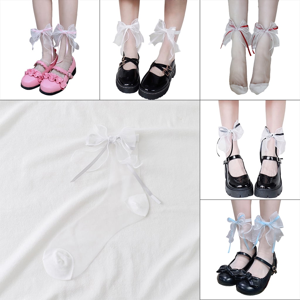 ujeer Japanese Lolita Ribbon Bow Glass Fiber Short Socks Summer Casual Ultra Thin Transparent Sweet Lace Mesh Hosiery 