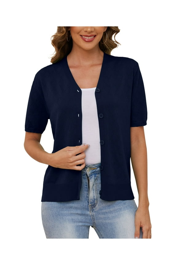 Women's V Neck Crochet Knit Cardigan Short Sleeve Open Front Button Down Hollowed Out Soft Shrugs Tops,Navy blue,XX-large
