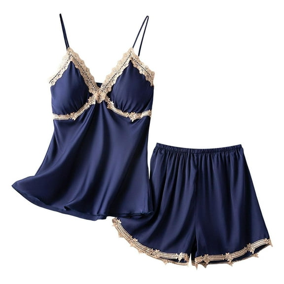 Sngxgn Womens Pajama Sets Pj Set Short Sleeve Top With Pants Sleepwear Lounge Set(Navy,M)