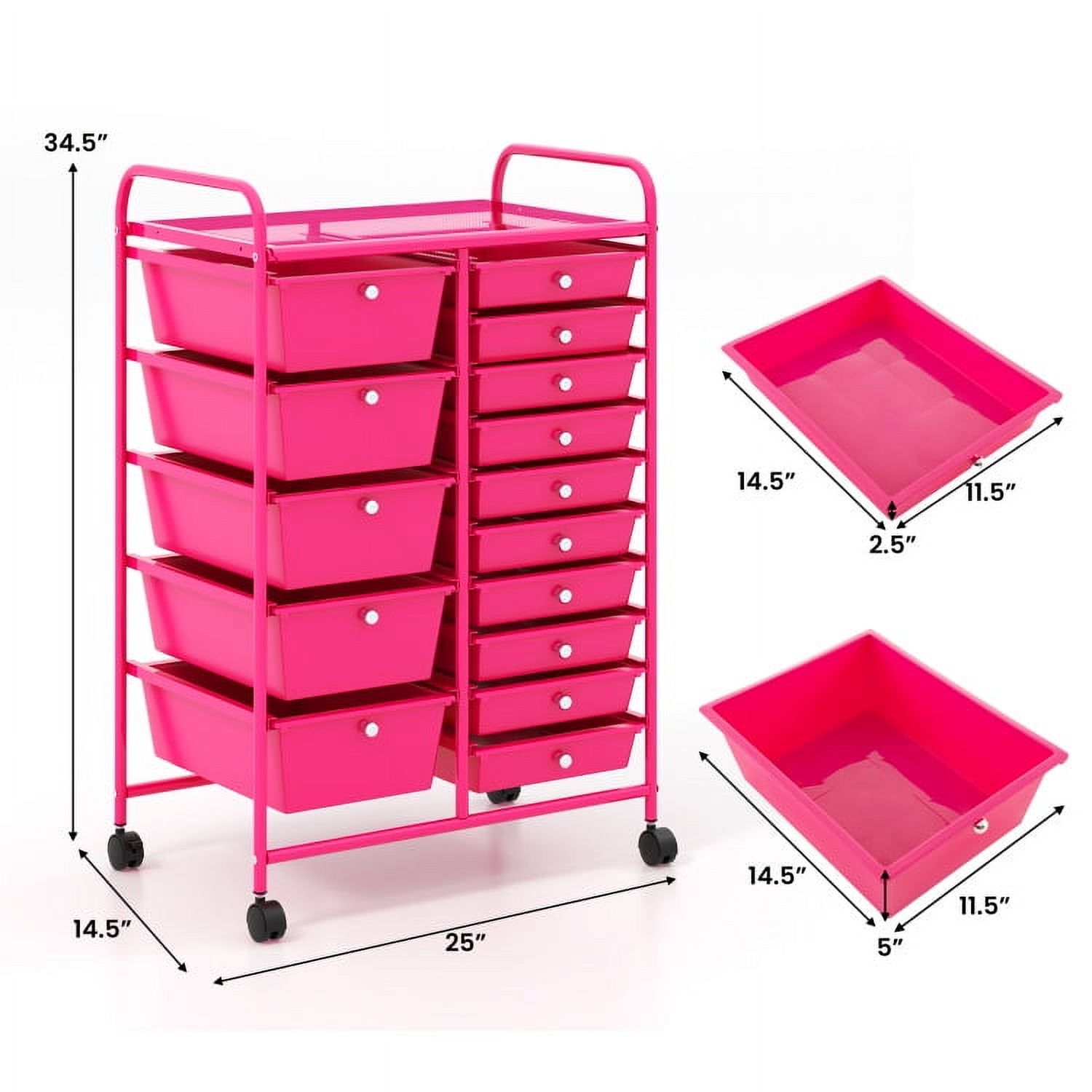 Demi Bonn 15-Drawer Utility Rolling Organizer Cart Multi-Use Storage with 4 Universal Casters, Pink