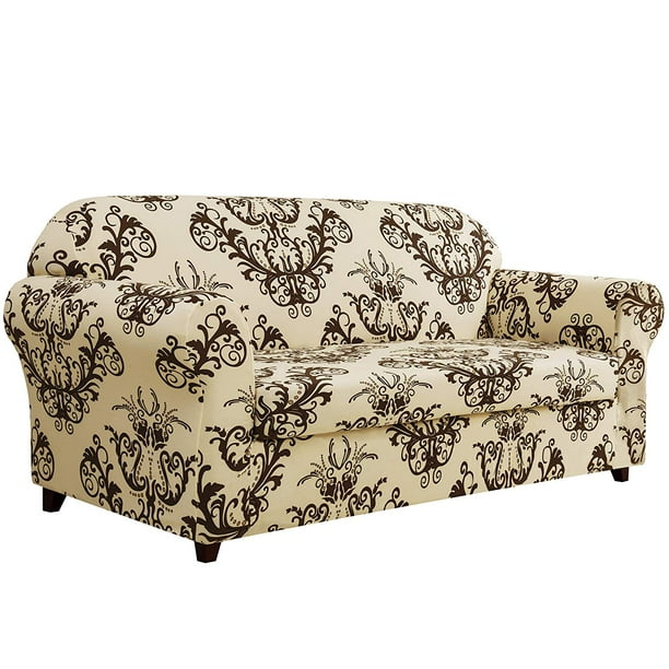 Subrtex Stretch 2Piece Vector Floral Loveseat Slipcover, Coffee
