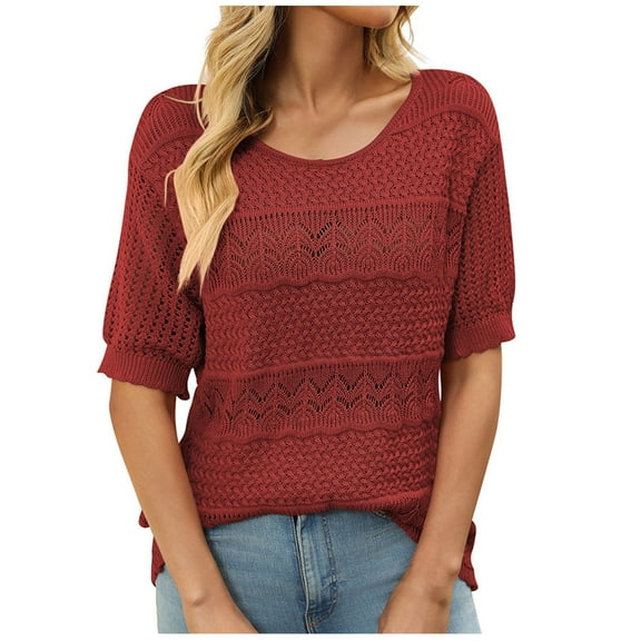 CheerKidz Women Fashion Casual Knitted Crochet Sweater Round Neck Hollow Short Sleeve Lightweight Spring Summer Top for Daily Wear Work Home(Red,XL)