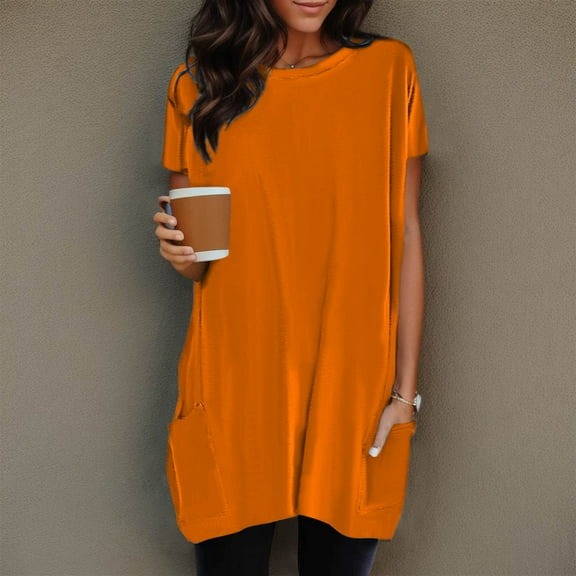 TYGHBN Women Summer Casual Round Neck Short Sleeve Pocket Print Long Top Womens Shirts Summer Shirt Shirts for Women Women Long Sleeve Tee Shirt Athletic Women Short Sleeve T Shirts for Women T Shirt