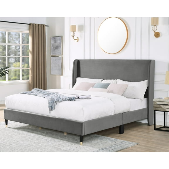 King Bed With Gray Velvet Wingback - Modern And Comfortable Platform Upholstery Style Luxury