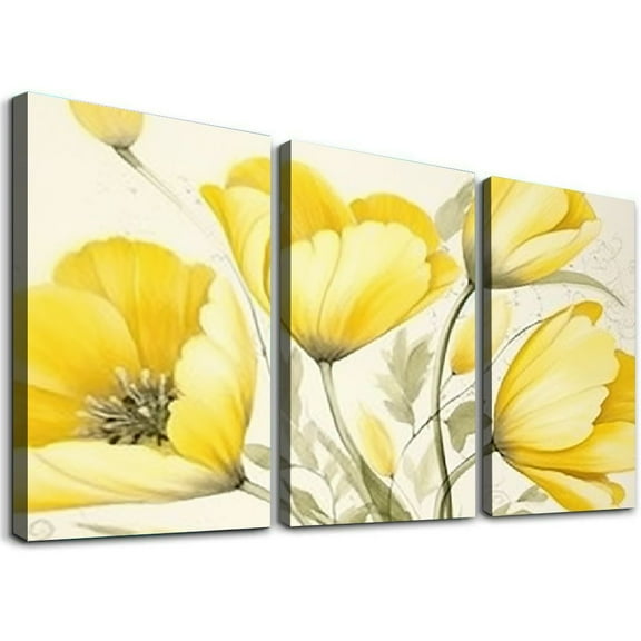 ONETECH  Yellow Gray Wall Art Canvas Flowers Birds Wall Decor for Living Room Bathroom Abstract Modern Floral Large Posters Print Artwork Framed Hang Pictures for Home 12''x16''X3 Panels