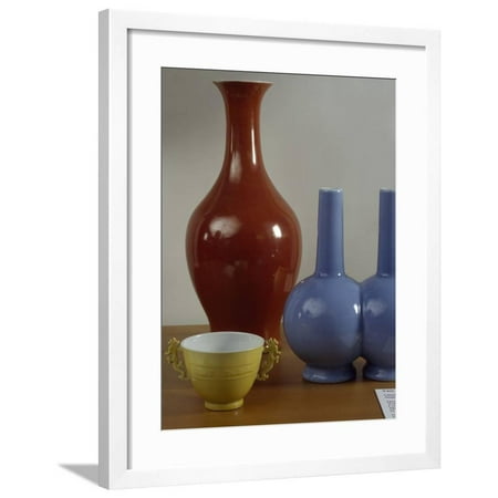 Espresso Cups No Handle Yellow Cup with Handles, Blue Glazed Double Vase and Red Enameled Vase, China, Qing Dynasty Framed Print Wall Art ()
