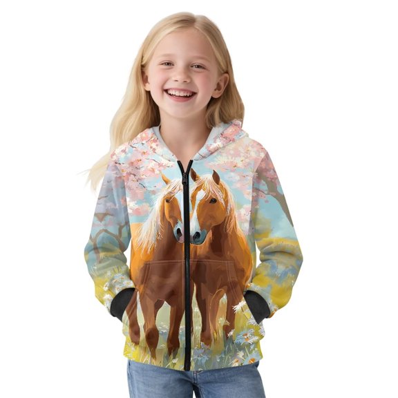 KUIFORTI Brown Horse Sweater for Girls Skin-Friendly Comfortable Zip Up Hoodie Sweatshirt for Girls 14-16 Fleece-Lined Casual Long Sleeve Jacket for Spring, Fall and Winter