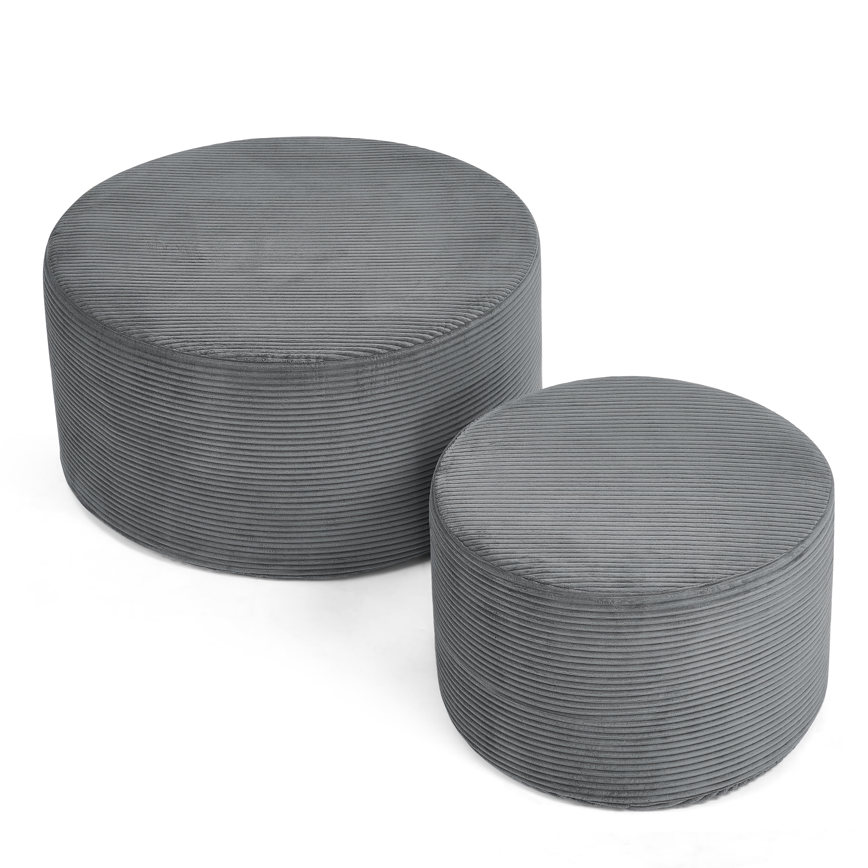 Aukfa 2-Piece Round Ottoman Set, Upholstered Coffee Table & Nesting Footrest Stools for Living Room, Bedroom, Gray