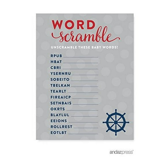 Word Scramble Navy Blue Nautical Baby Shower Game, 20-Pack