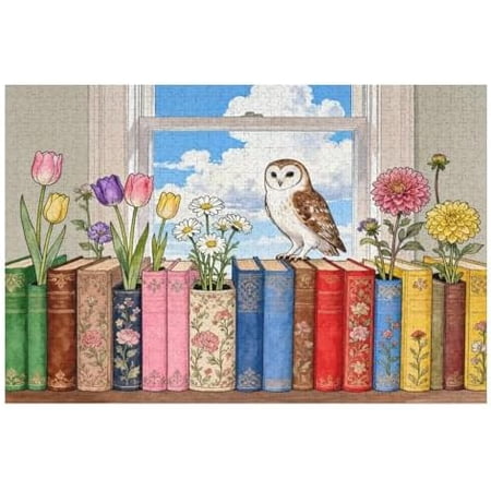 Books and Flowers 1000 Piece Jigsaw Puzzle for Adults Colorful Art Scene Challenging DIY Puzzle Letters on Back Interactive Family Game Fun Home Decoration for Teens and Adults