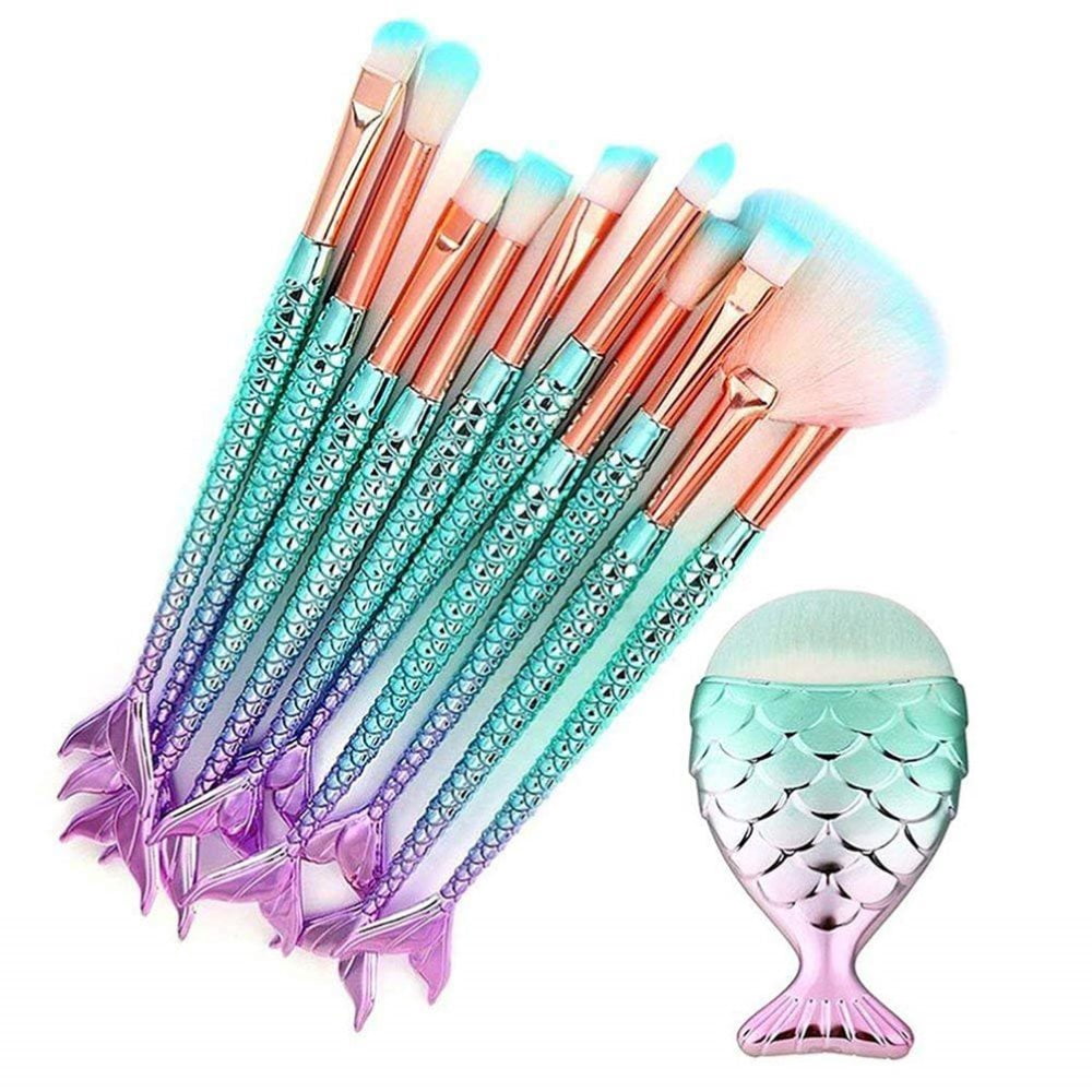 11PCS Makeup Brushes Set 3D Mermaid Make Up Foundation Eyeshadow Eyebrow Eyeliner Blush Cosmetic Powder Concealer Brushes Tools Kits Professional