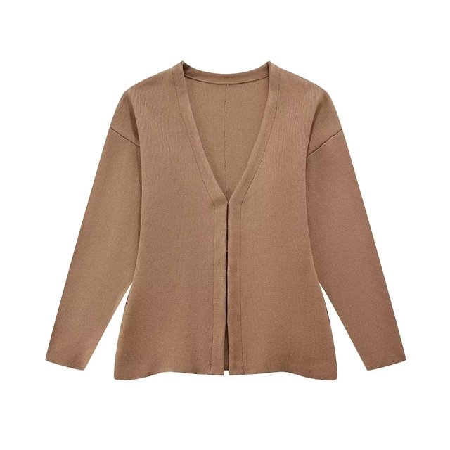 TRAF-suéter tipo cárdigan de punto ajustado con gancho frontal para mujer, cuello en V, mangas largas, dobladillo dividido lateral, ropa de abrigo femenina, Tops elegantes, moda
