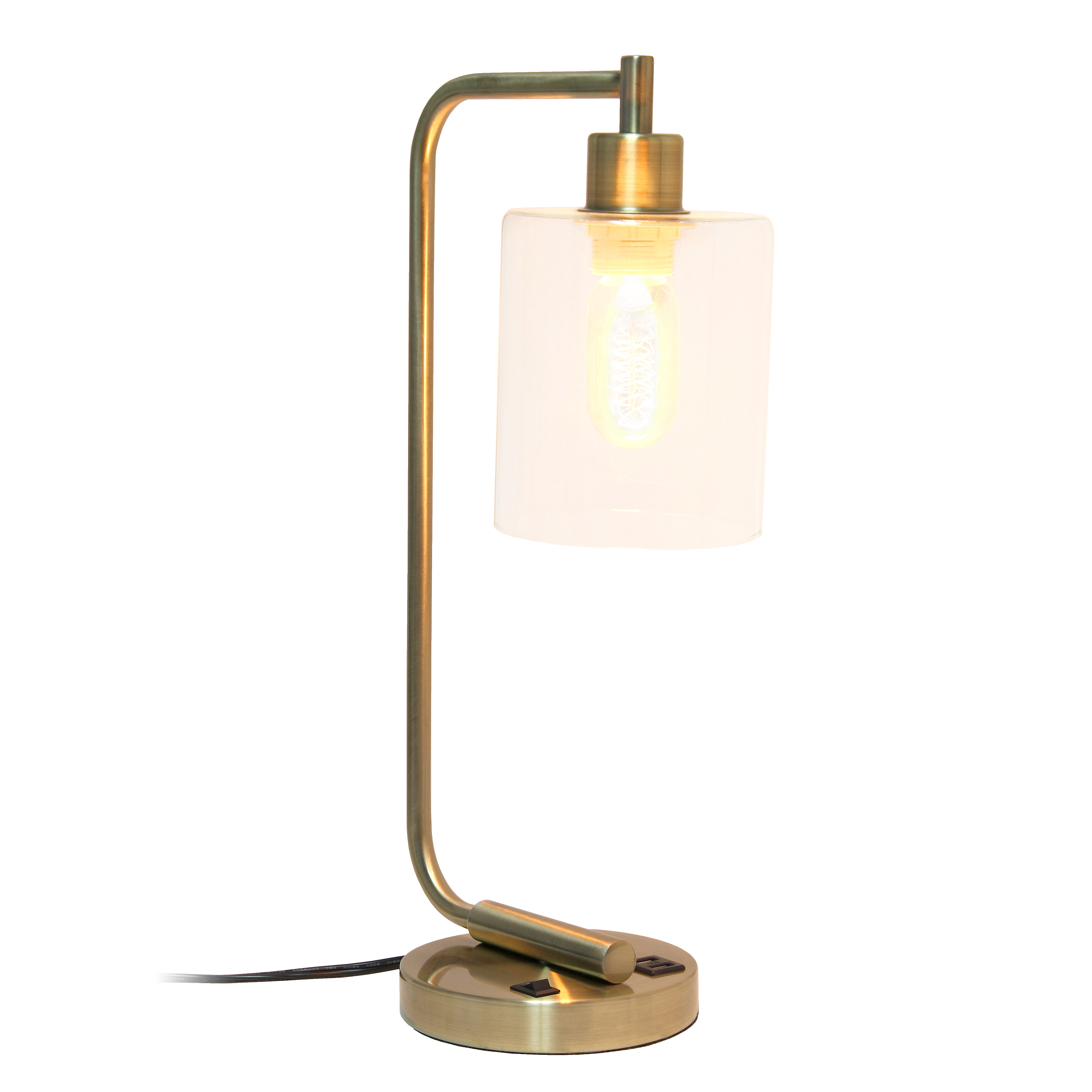 Creekwood Home 18.8" Vintage Industrial Curved Arm Desk Lamp with USB Ports, Antique Brass