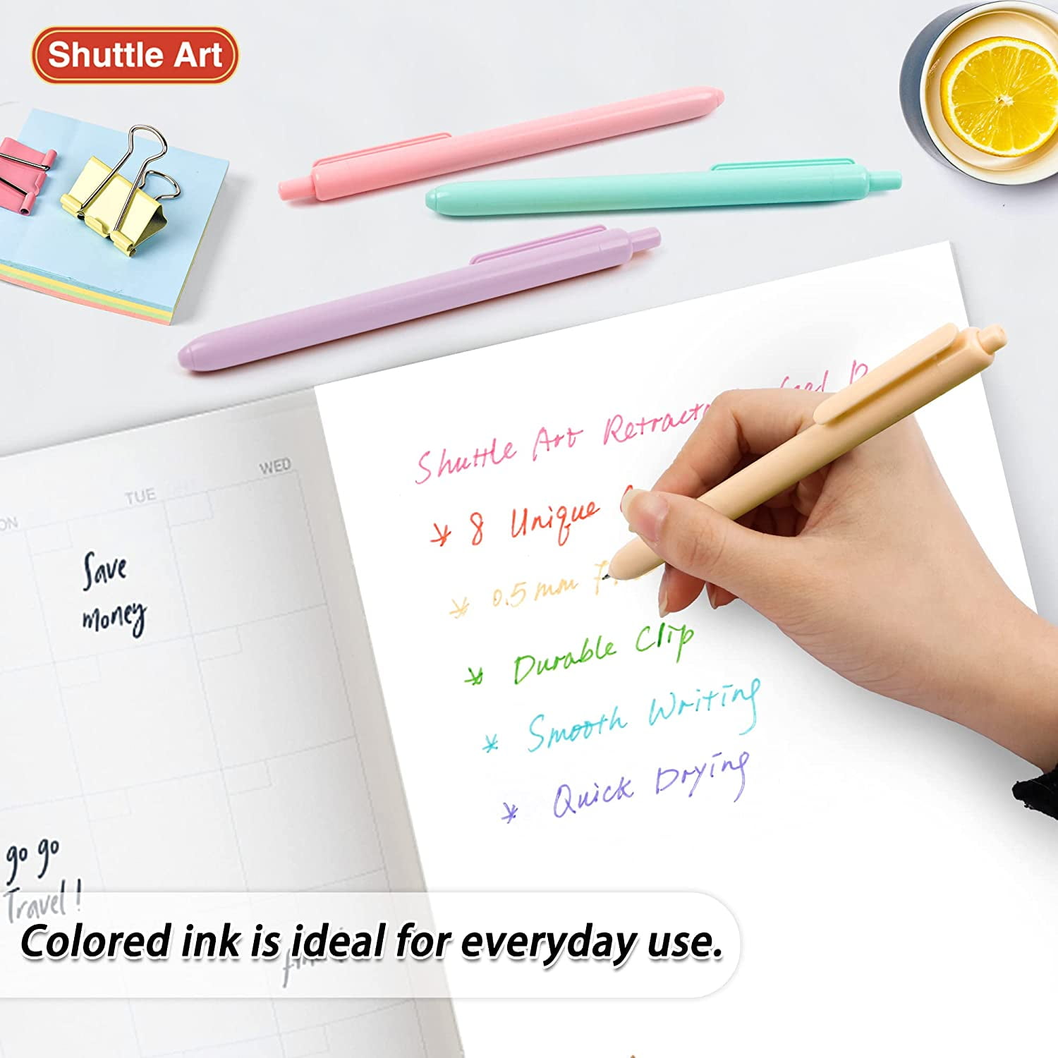 (3 pack) Colored Retractable Gel Pens, Shuttle Art 8 Pastel Ink Colors, Cute Pens 0.5mm Fine Point Quick Drying for Writing Drawing Journaling Note Taking