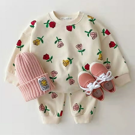 

Spring and autumn Korean version baby and children’s wear rose flower balloon westernized casual suit baby sweater two-piece set