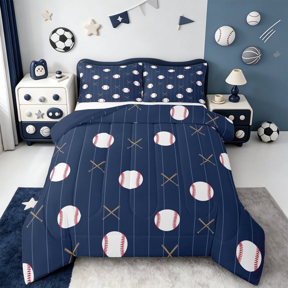Manfei Baseball Comforter Sets Twin Size,Sports Theme Comforters & Duvets,Blue White Bedding Twin Comforter Set For Boys,Ultra Soft Room Decorative Reversible,2-Piece