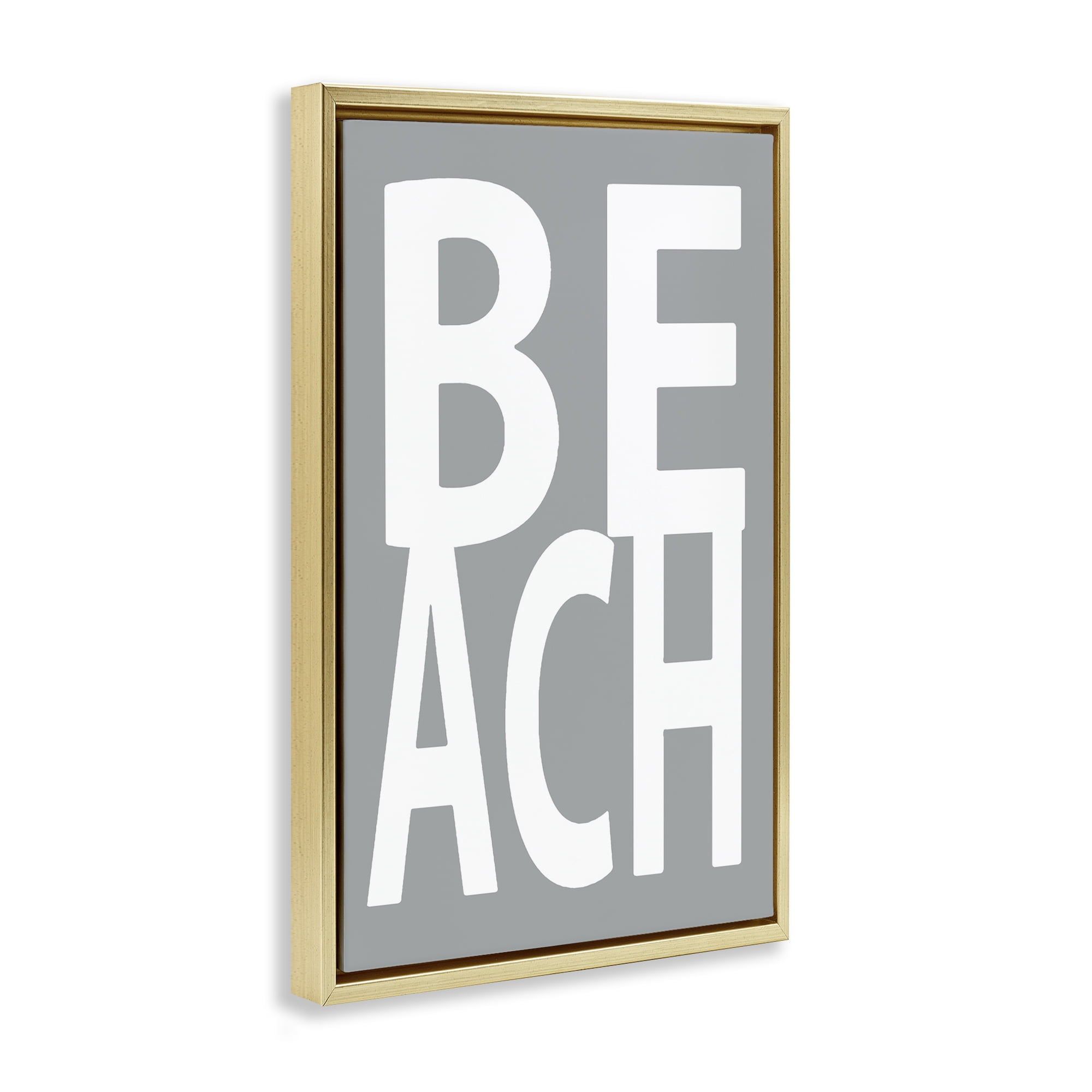 Stupell Industries Beach Word on Grey Typography Painting Gold Floater Framed Art Print Wall Art, 17 x 25